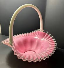 Vintage, Fenton Peach Crest Beaded, Crimped Ruffled Basket ...