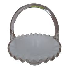 Mid 20th Century Fenton Silver Crest Milk Glass Faux Bamboo Style Glass Handle Basket Signed on Bottom | Chairish