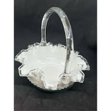 Fenton | Accents | Vtg Fenton Silver Crest White Milk Glass Ruffle Edge Basket Bamboo Crimp Handle | Poshmark
