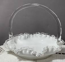 Vintage 7 " Fenton Silver Crest Milk Glass Basket with Clear Glass Rim & Handle | eBay