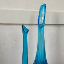 Mid Century Teal Blue Swung Vase Set | Fenton Thumbprint ...