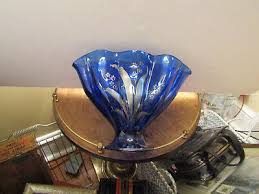 VINTAGE COBALT BLUE FAN SHAPED GLASS VASE WITH SILVER LEAVES/FLOWERS DESIGN | eBay