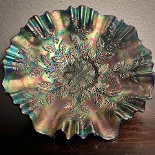 Fenton Carnival Glass Bowl 9.5”w Holly Leaf & Berry Cobalt Blue Ruffled Edge EUC | eBay