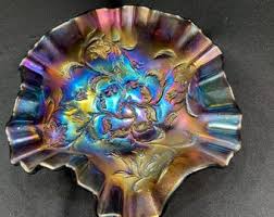 Antique Dugan Electric Blue Frames & Flowers Carnival Glass Ruffled Edge Bowl - Etsy