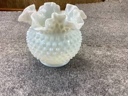 WHITE MILK GLASS HOBNAIL RUFFLED CRIMPED EDGE 51/4" VASE ...