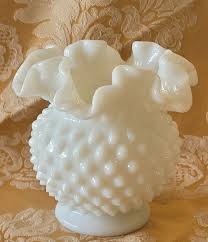 Vintage Fenton White Milk Glass Ruffled Rose Hobnail Bowl ...