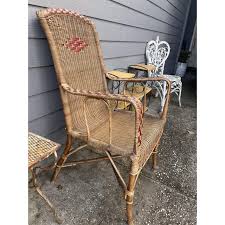1920s Vintage High Back Armchair Bamboo Wicker Rattan Red Accents Mid Century | Chairish