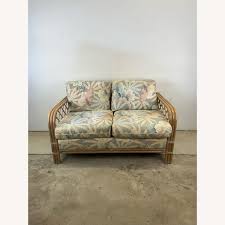 Vintage White Washed Rattan Loveseat Floral Fabric - AptDeco