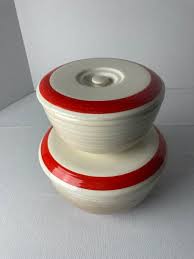 Vintage Cronin Pottery Red Stripe Mixing Bowls (2) Large and Medium with Lids | eBay Australia