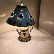 Metal teapot lamp. yellow green flowers butterflies hearts metal shade i7 | eBay