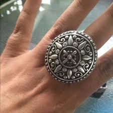 Grace Adele | Jewelry | Grace Adele Floral Brutalist Shield Silver Tone Stretch Statement Ring | Poshmark