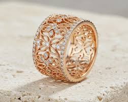 Filigree Art Wide Wedding Band, Round Moissanite Engagement ...