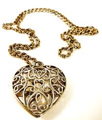 Vintage Filagree Puffy Heart Filled With Faux Pearls Silver Bronze Tone Necklace | eBay