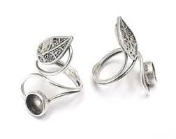 Leaf Silver Ring Setting Blank Cabochon Mounting Adjustable ...
