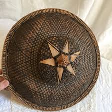 Vintage Chinese Wicker and Palm Leaves Woven Hat W/ Top Star ...