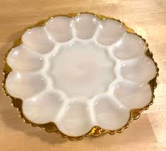 Vintage Anchor Hocking White Glass Deviled Egg Plate Gold ...
