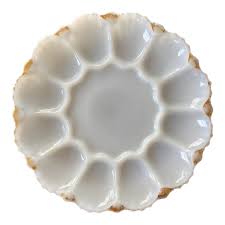 Vintage Oyster or Egg Plate White & Gold Round Milk Glass ...