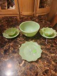 Fire King Jadeite swirl bowl 3 lotus salad plates 2 cups ...