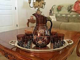 11 1/2" Tall Antique Lemonade Handpainted Pitcher and 6 glasses Maroon w/Daisie | eBay