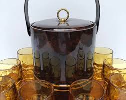 MCM, Libbey, Eight, Amber Honeycomb Glasses, With MCM, Teakwood Serving Tray, and MCM, Brown Faux Leather Ice Bucket With Engraving Plate - Etsy