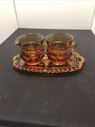 Vtg MCM Colony Indiana Amber Glass Kings Crown Thumprint Creamer Sugar Tray | eBay