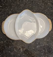 Vtg Fire King Oven Ware Divided Dish White Milk Glass Gold ...