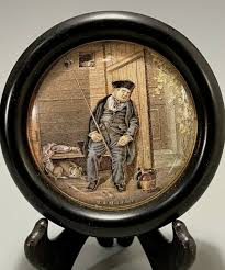 Victorian Framed English Prattware Pot Lid titled "On Guard ...
