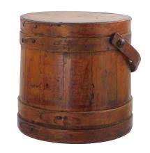 Sold at Auction: Six treenware pieces, details include: large primitive firkin bucket with lid and handle, imprinted on bottom "package patent co., New Jersey, pat. p. Aug 31, 1858", 9 3/4" h. x 10 1/2" dia.; round spice box filled wi