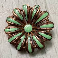 1930's Art Deco Enamel Flower Brooch - Mint Green & Bronze ...