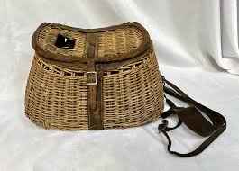 Mid 20th Century Vintage British Leather Trimmed Wicker Fishing Basket | Chairish