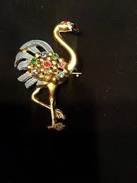 Vintage Gold Tone Flamingo Brooch with Blue Enamel Feathers ...