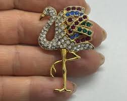 Vintage Bird, Flamingo ,straus Brooch Old Gold Tone With Red ...