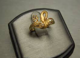 Vintage European Embracing Swan Diamond Ring Ruby Eye