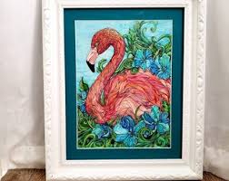 Tropical Pink Flamingo in Flowers Original Art Flock ...