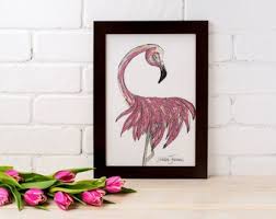 Original Pink Flamingo Pen and Ink Drawing on White Paper ...