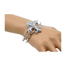 Women Silver Metal Cuff Bracelet Fleur De Lis Charm Lily ...
