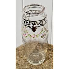 Antique Bohemian Etched Glass Vase W/Floral Enamel and Sterling Silver Overlay | Chairish