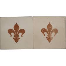 1900s Fleur De Lis Antique Set of Two Large Tiles ...