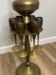 Vintage Brass 2 1/2 ft Tall Wine Decanter Stand w 6 Goblets ...