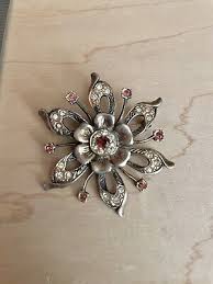 sterling silver pin 925 brooch flower gemstone garnet vintage ...