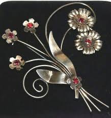 Huge Vintage Flower Bouquet Ruby Red Rhinestone Silver ...