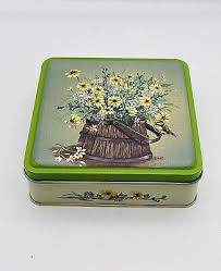 Lime Green Cookie Tin Cottage Core Decor Basket of Flowers ...