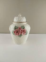 Ginger Jar with Lid Cream Lattice Pattern Raised Roses | eBay