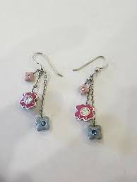 STERLING SILVER EARRINGS 3 HANGING PAINTED ROSES WITH STONES. | eBay Australia