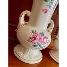 Vintage 1940s Porcelain Rose Urn Vases - Pair | Chairish