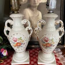 Rare Pair Vintage Cottagecore Cream Colored Porcelain Pink Yellow Flowers Embossed Gold Trim Double Handle Matching Lamps Lightolier? - Etsy