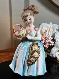 Vintage, Porcelain Girl, Blue Dress, With Pony Tail, Holding ...