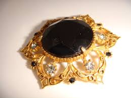 VINTAGE SIGNED FLORENZA GOLD TONE BLACK CENTER STONE ...