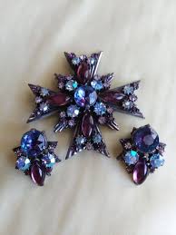 Vintage Florenza Maltese Cross Purple & AB Rhinestone Brooch/Pendant Earring Set | eBay