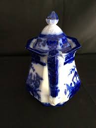 Lot - Antique Flow Blue Teapot in the Amoy Pattern